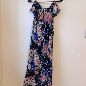 Black and floral strapless maxi dress